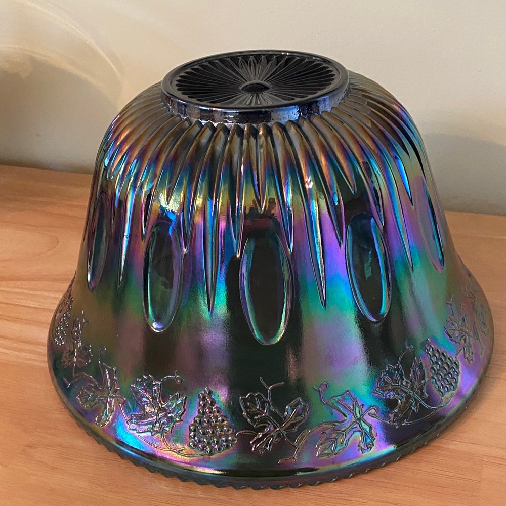 Iridescent Carnival Glass Decorative Punch Bowl Blue Green - Picture 8 of 15